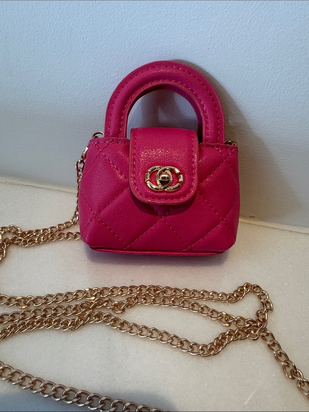 NEW Designer Inspired Micro Mini Dark Pink & Gold Purse Crossbody Chain Quilted